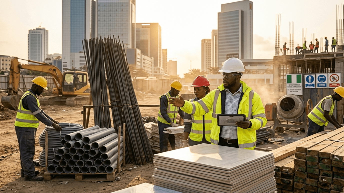 Construction site team coordinating materials and procurement