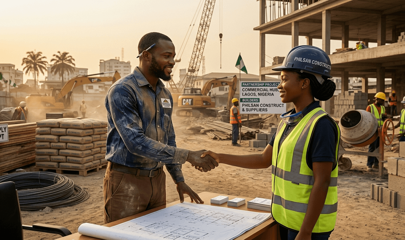 PhilsanConstruct partner handshake at a construction site
